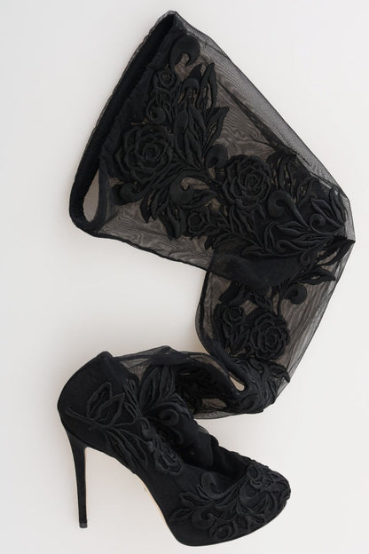 Dolce & Gabbana Black Floral Embroidered Socks Boots - SMARTMARTNZ