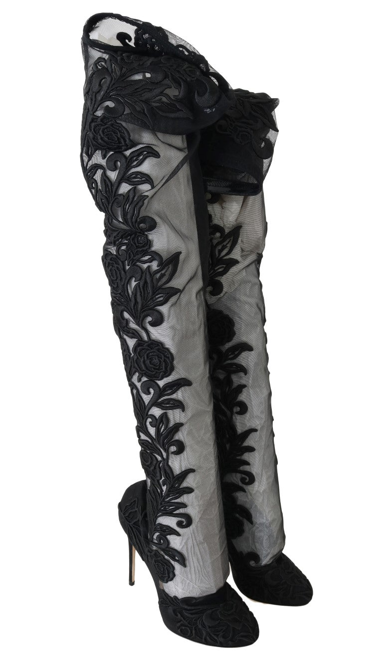 Dolce & Gabbana Black Floral Embroidered Socks Boots - SMARTMARTNZ