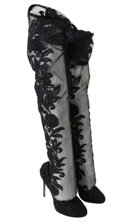 Dolce & Gabbana Black Floral Embroidered Socks Boots - SMARTMARTNZ