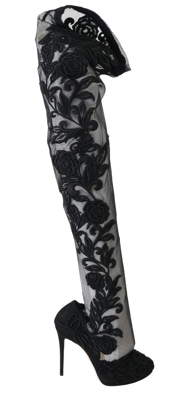 Dolce & Gabbana Black Floral Embroidered Socks Boots - SMARTMARTNZ