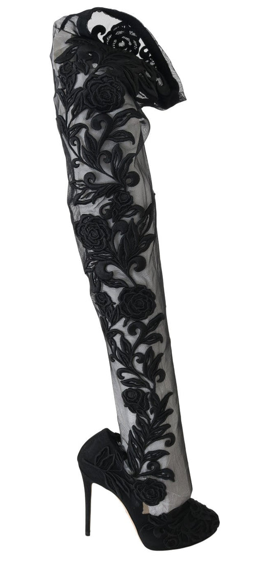 Dolce & Gabbana Black Floral Embroidered Socks Boots - SMARTMARTNZ