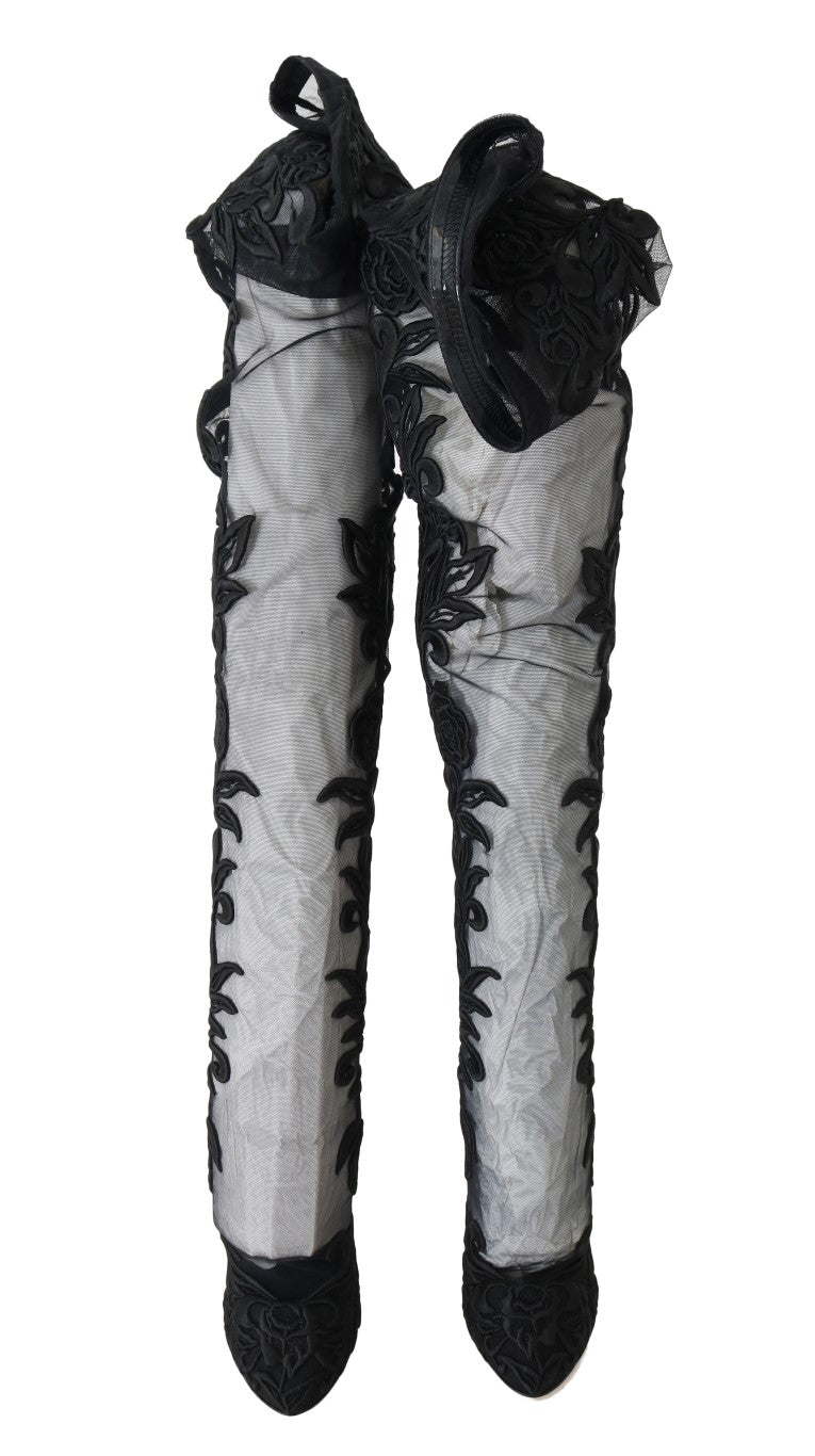 Dolce & Gabbana Black Floral Embroidered Socks Boots - SMARTMARTNZ
