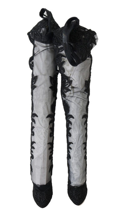 Dolce & Gabbana Black Floral Embroidered Socks Boots - SMARTMARTNZ