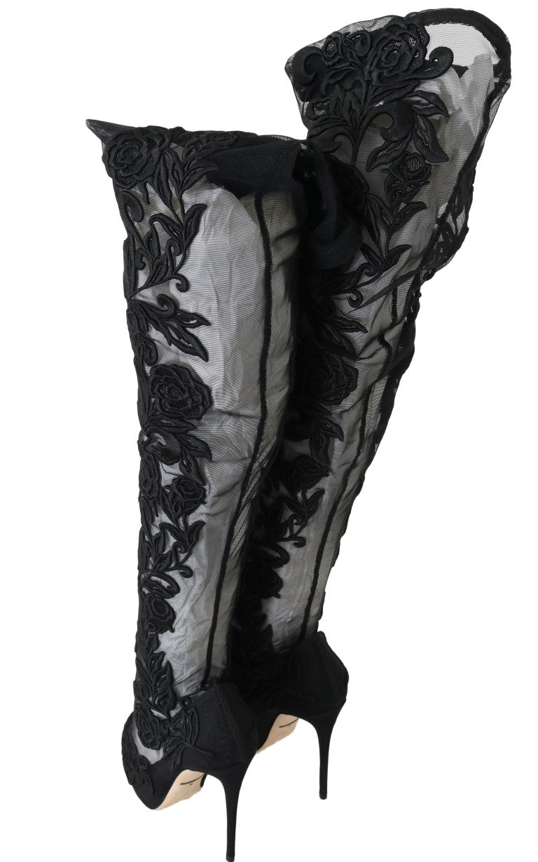 Dolce & Gabbana Black Floral Embroidered Socks Boots - SMARTMARTNZ