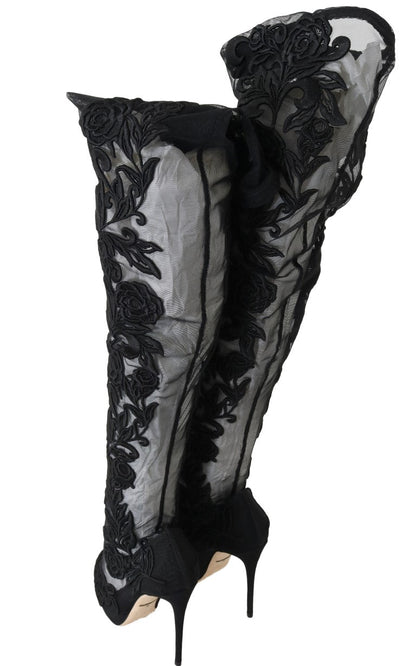 Dolce & Gabbana Black Floral Embroidered Socks Boots - SMARTMARTNZ