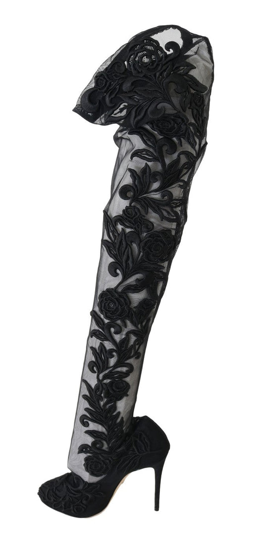 Dolce & Gabbana Black Floral Embroidered Socks Boots - SMARTMARTNZ