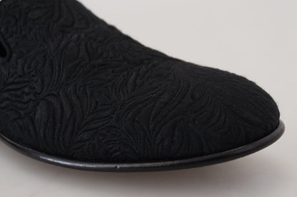 Dolce & Gabbana Black Floral Jacquard Slippers Loafers Shoes - SMARTMARTNZ