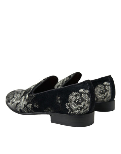 Dolce & Gabbana Black Floral Slippers Men Loafers Dress Shoes - SMARTMARTNZ