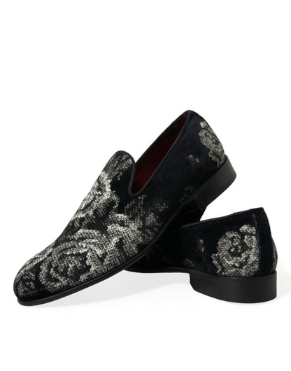 Dolce & Gabbana Black Floral Slippers Men Loafers Dress Shoes - SMARTMARTNZ