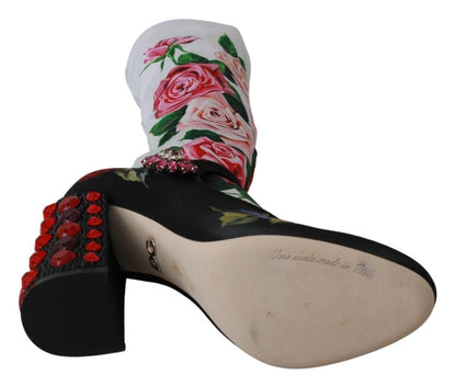 Dolce & Gabbana Black Floral Socks Crystal Jersey Boots Shoes - SMARTMARTNZ