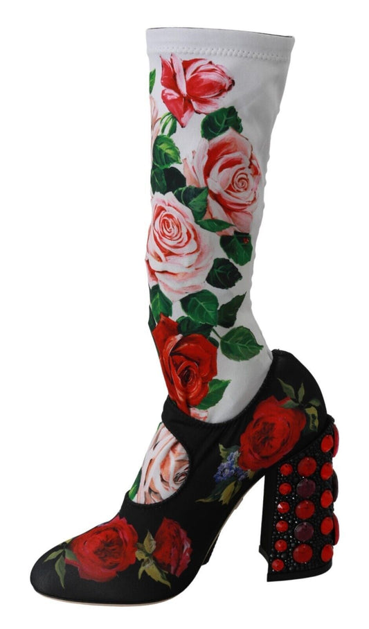 Dolce & Gabbana Black Floral Socks Crystal Jersey Boots Shoes - SMARTMARTNZ