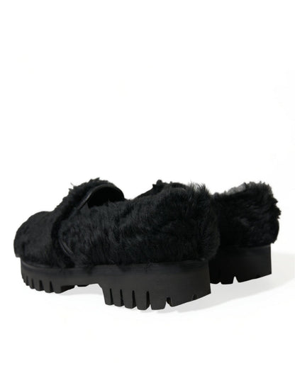 Dolce & Gabbana Black Fur Leather Slippers Dress Shoes - SMARTMARTNZ