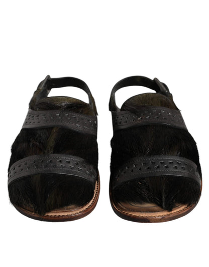 Dolce & Gabbana Black Gazelle Hair Leather Flats Sandals Shoes - SMARTMARTNZ