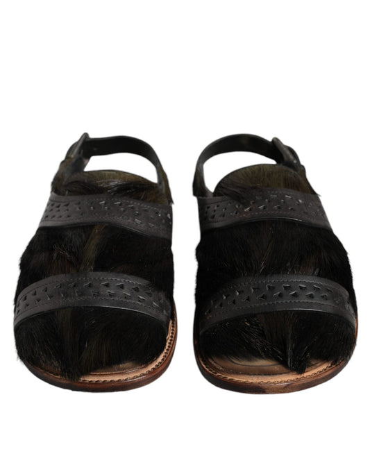 Dolce & Gabbana Black Gazelle Hair Leather Flats Sandals Shoes - SMARTMARTNZ