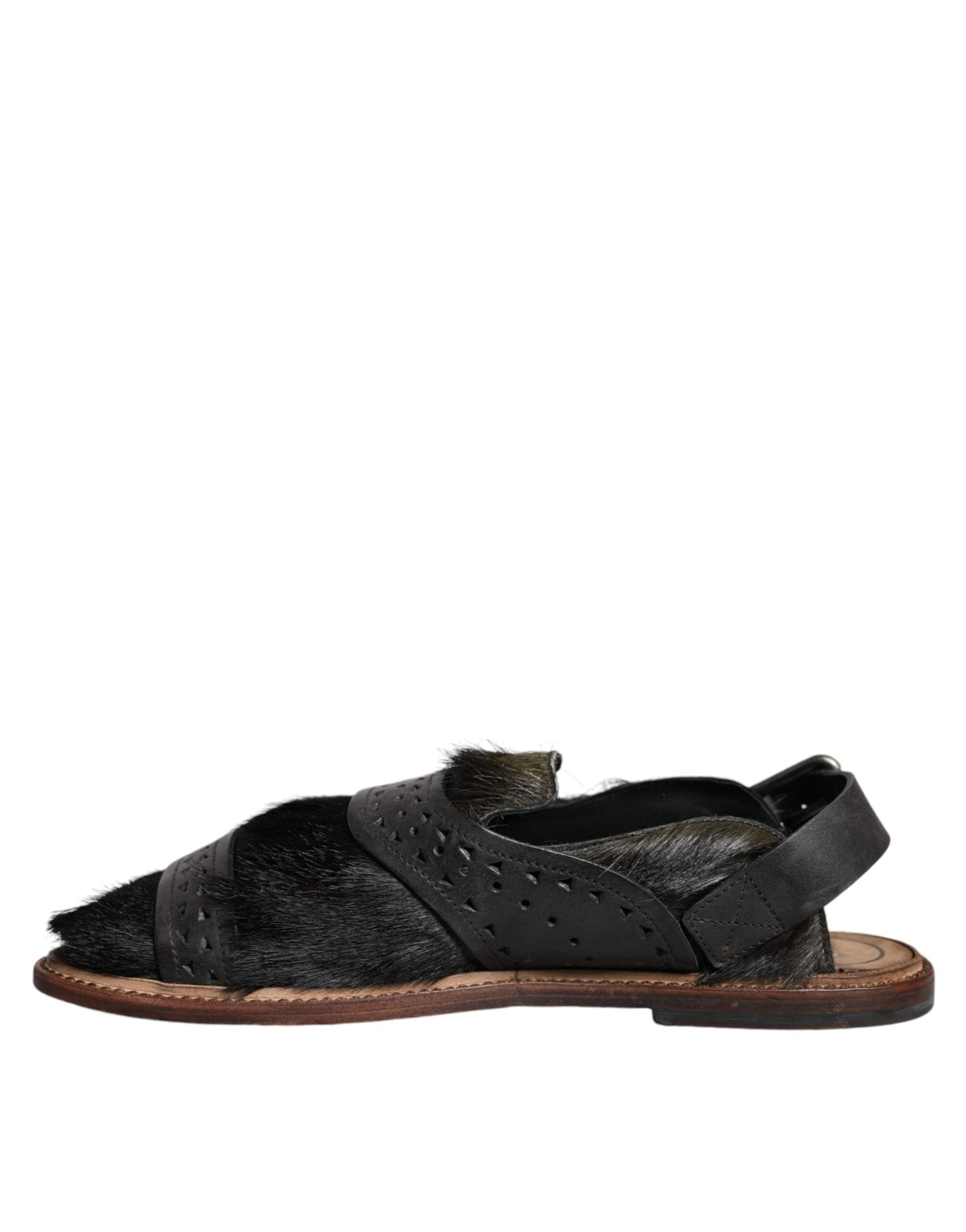 Dolce & Gabbana Black Gazelle Hair Leather Flats Sandals Shoes - SMARTMARTNZ