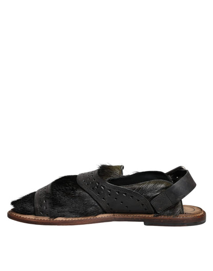 Dolce & Gabbana Black Gazelle Hair Leather Flats Sandals Shoes - SMARTMARTNZ