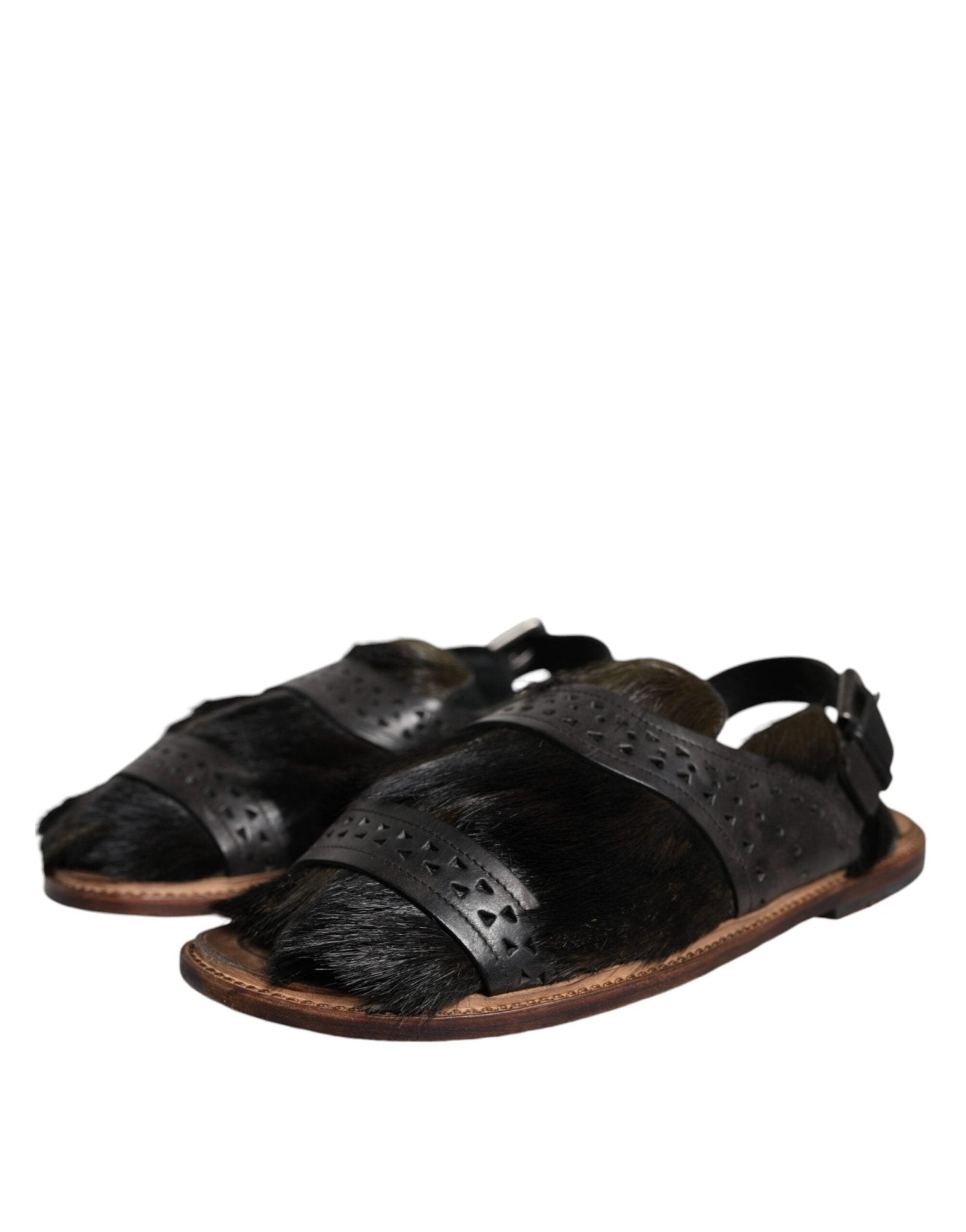 Dolce & Gabbana Black Gazelle Hair Leather Flats Sandals Shoes - SMARTMARTNZ