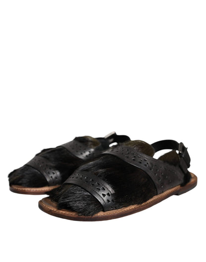Dolce & Gabbana Black Gazelle Hair Leather Flats Sandals Shoes - SMARTMARTNZ