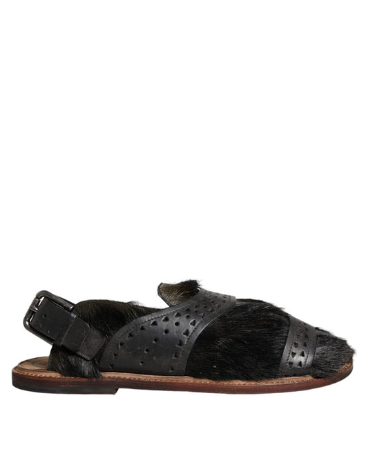 Dolce & Gabbana Black Gazelle Hair Leather Flats Sandals Shoes - SMARTMARTNZ