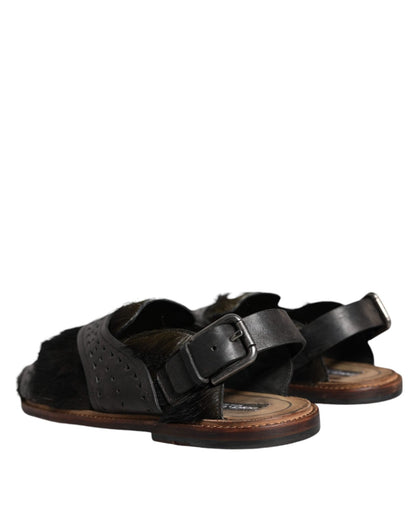 Dolce & Gabbana Black Gazelle Hair Leather Flats Sandals Shoes - SMARTMARTNZ