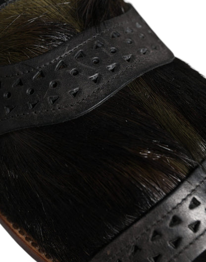 Dolce & Gabbana Black Gazelle Hair Leather Flats Sandals Shoes - SMARTMARTNZ