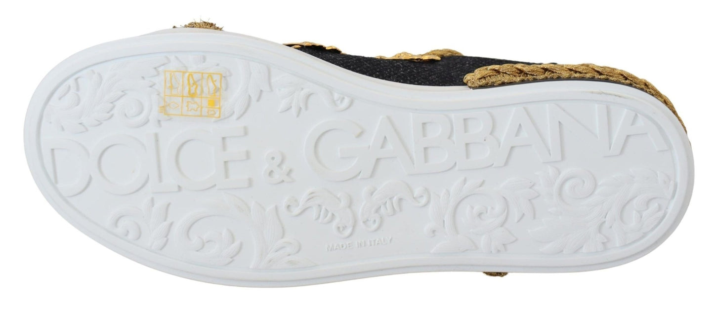 Dolce & Gabbana Black Gold Baroque Portofino Leather Sneakers Shoes - SMARTMARTNZ