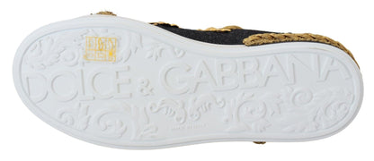 Dolce & Gabbana Black Gold Baroque Portofino Leather Sneakers Shoes - SMARTMARTNZ