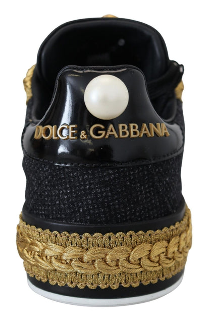 Dolce & Gabbana Black Gold Baroque Portofino Leather Sneakers Shoes - SMARTMARTNZ