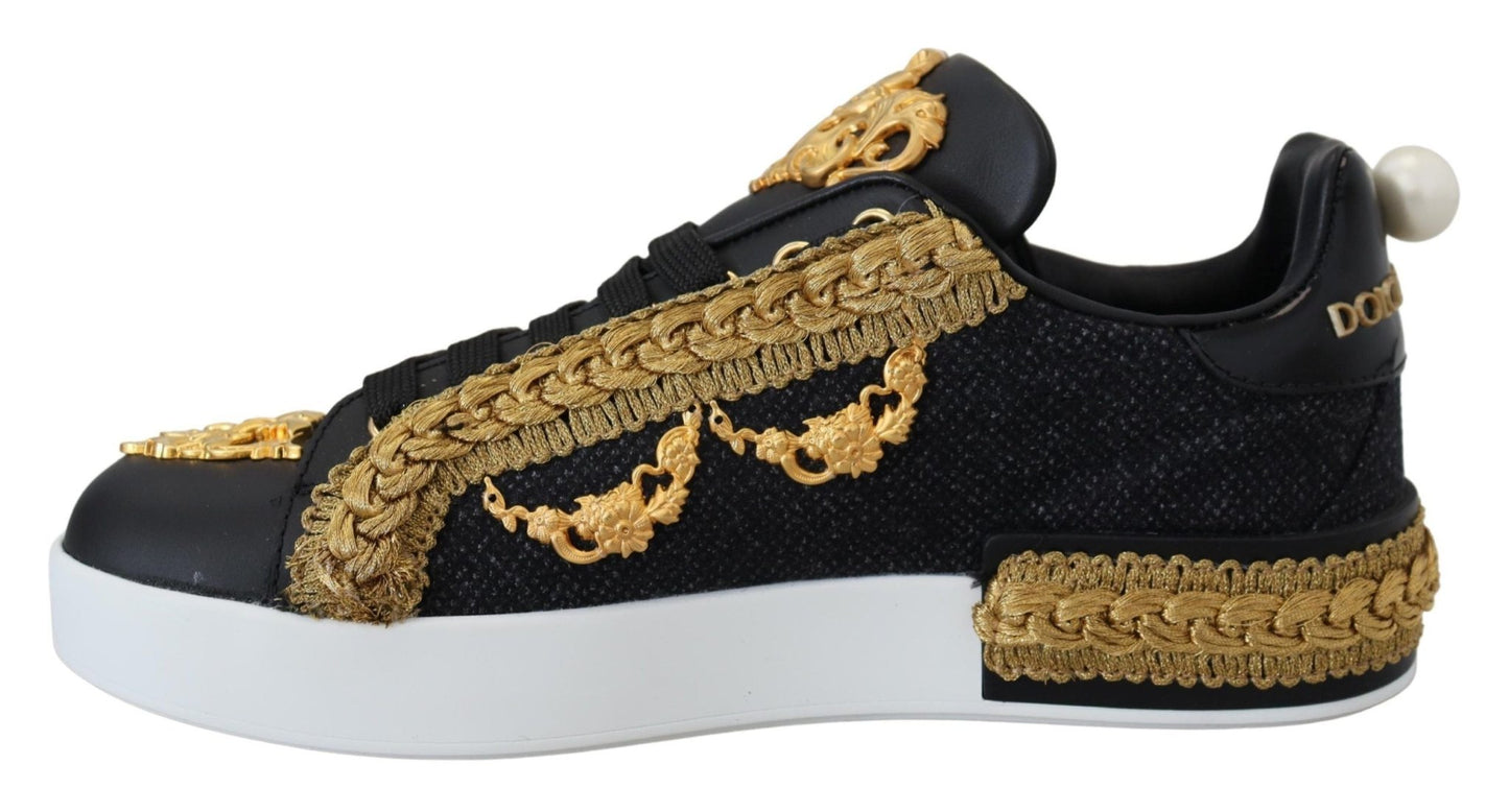 Dolce & Gabbana Black Gold Baroque Portofino Leather Sneakers Shoes - SMARTMARTNZ