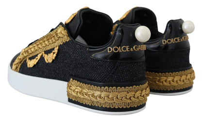 Dolce & Gabbana Black Gold Baroque Portofino Leather Sneakers Shoes - SMARTMARTNZ