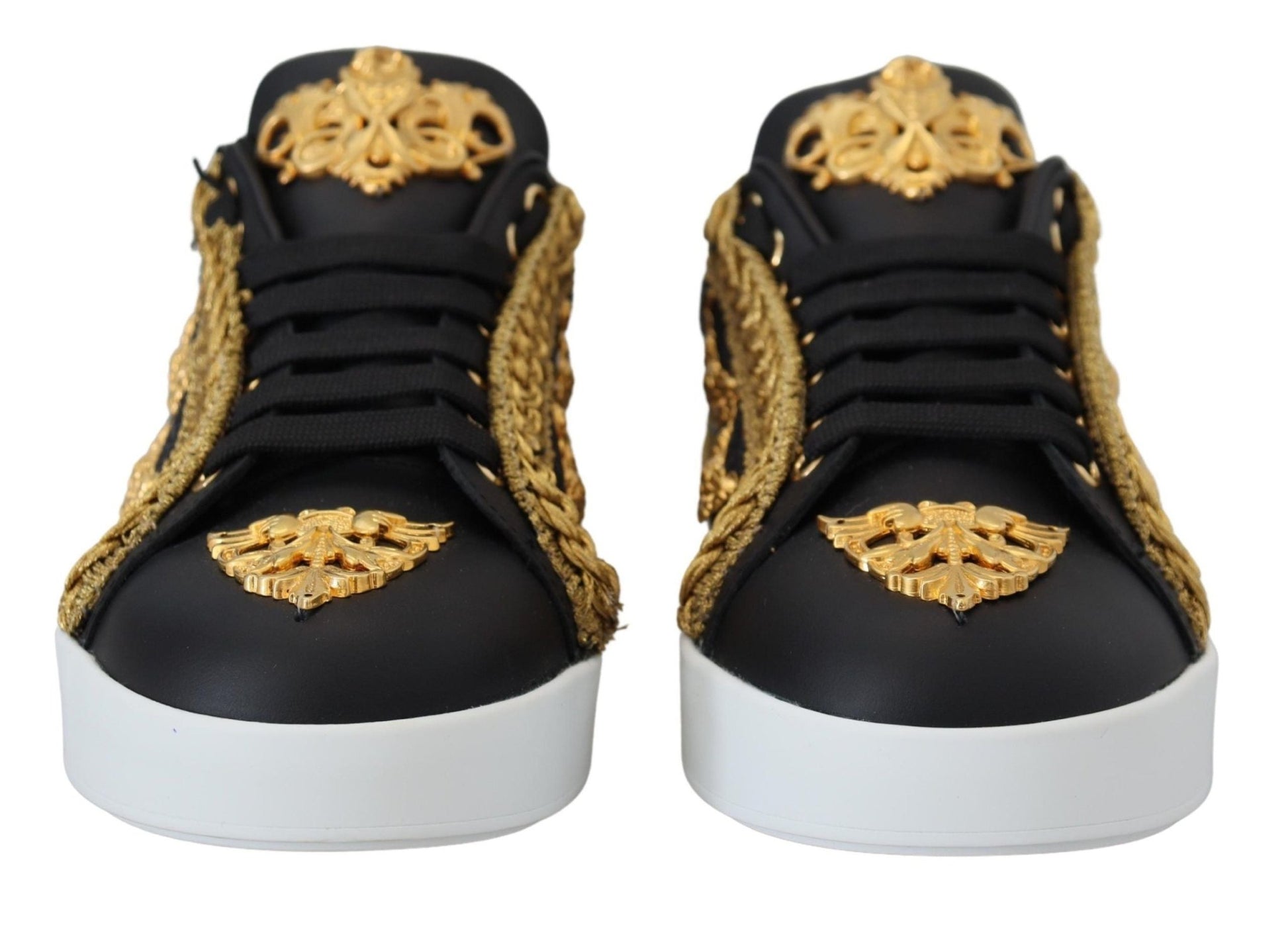 Dolce & Gabbana Black Gold Baroque Portofino Leather Sneakers Shoes - SMARTMARTNZ