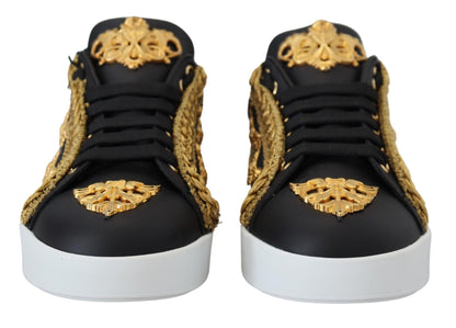 Dolce & Gabbana Black Gold Baroque Portofino Leather Sneakers Shoes - SMARTMARTNZ
