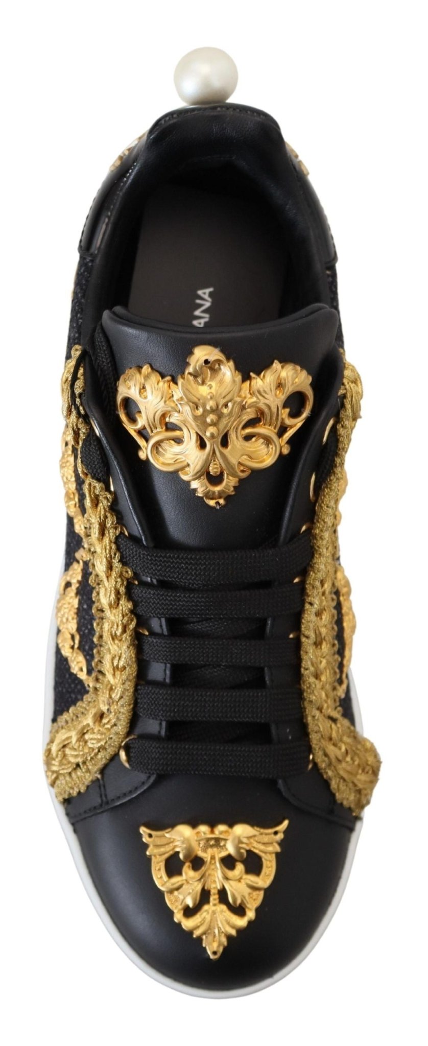 Dolce & Gabbana Black Gold Baroque Portofino Leather Sneakers Shoes - SMARTMARTNZ