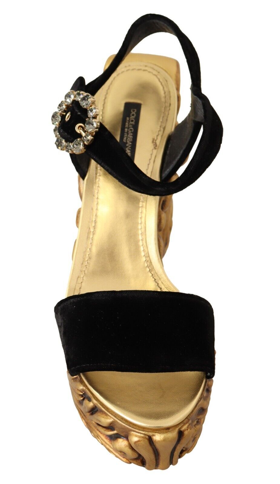 Dolce & Gabbana Black Gold Baroque Velvet Heels Crystal Shoes - SMARTMARTNZ