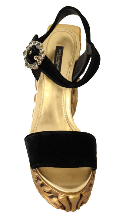 Dolce & Gabbana Black Gold Baroque Velvet Heels Crystal Shoes - SMARTMARTNZ