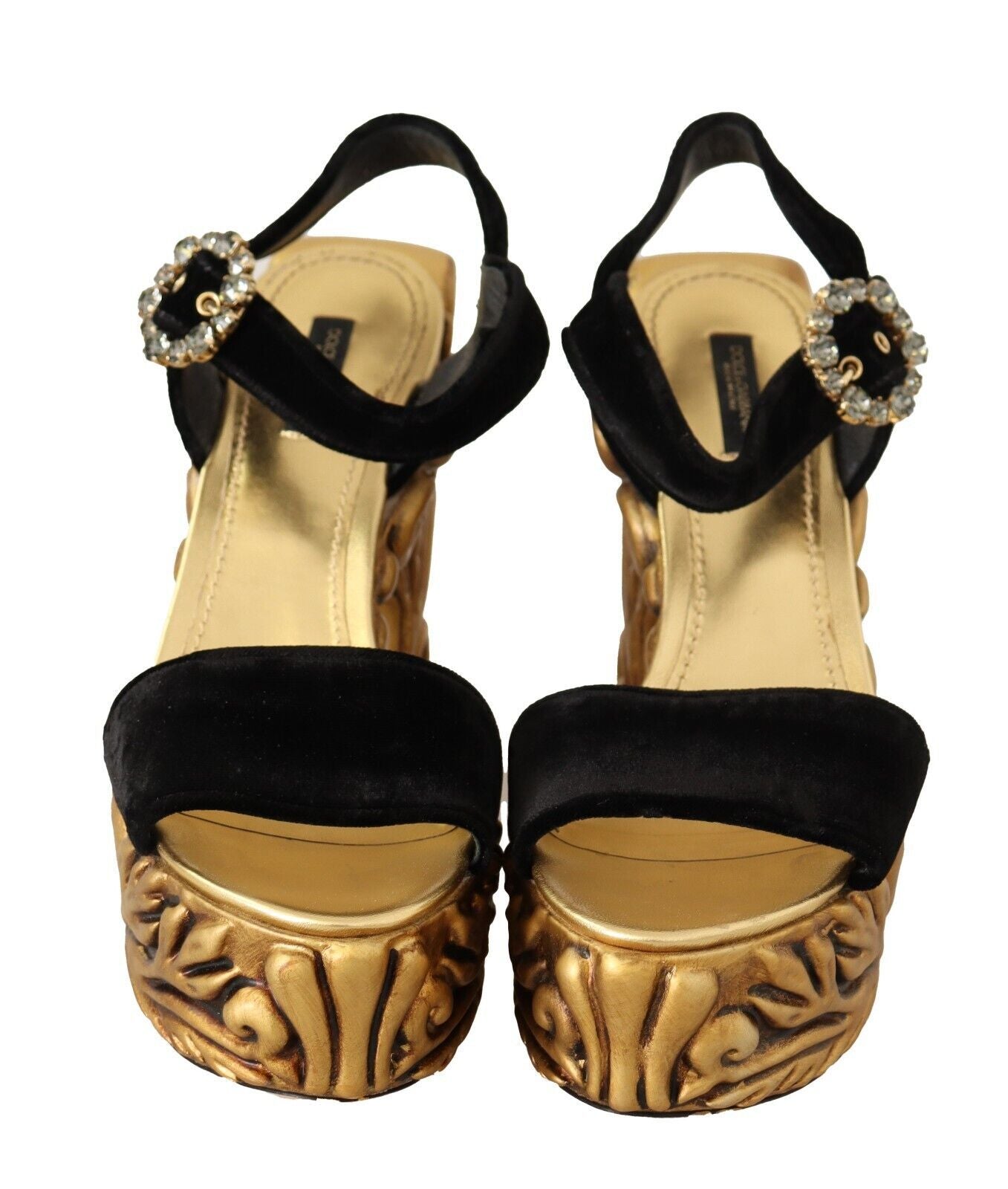 Dolce & Gabbana Black Gold Baroque Velvet Heels Crystal Shoes - SMARTMARTNZ