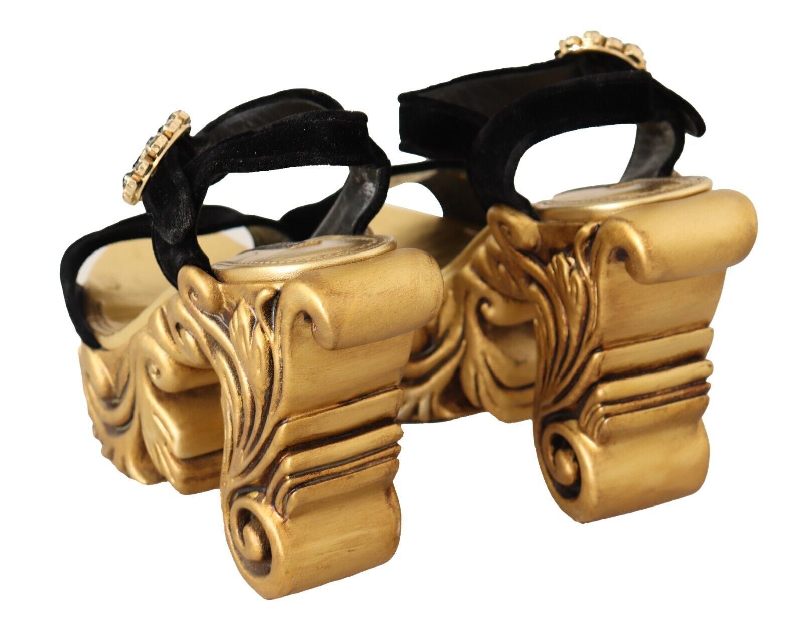 Dolce & Gabbana Black Gold Baroque Velvet Heels Crystal Shoes - SMARTMARTNZ