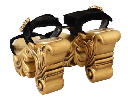 Dolce & Gabbana Black Gold Baroque Velvet Heels Crystal Shoes - SMARTMARTNZ