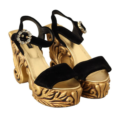 Dolce & Gabbana Black Gold Baroque Velvet Heels Crystal Shoes - SMARTMARTNZ