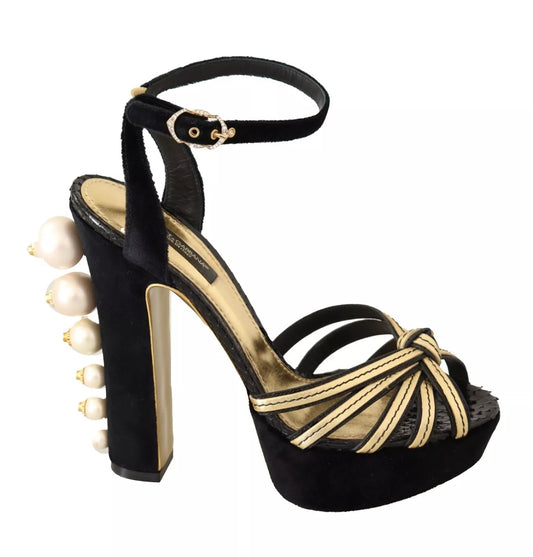 Dolce & Gabbana Black Gold Bianca Faux Pearl Sandals - SMARTMARTNZ