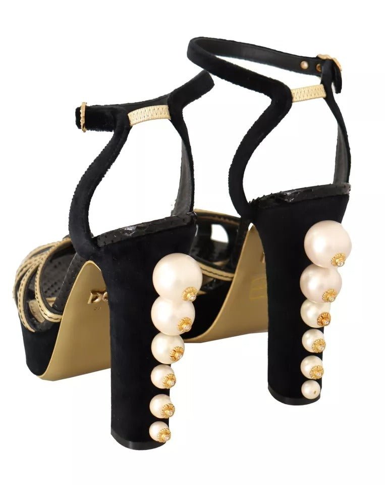 Dolce & Gabbana Black Gold Bianca Faux Pearl Sandals - SMARTMARTNZ