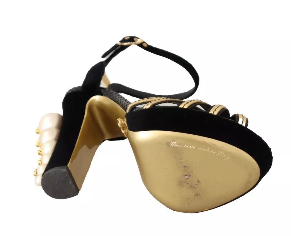 Dolce & Gabbana Black Gold Bianca Faux Pearl Sandals - SMARTMARTNZ