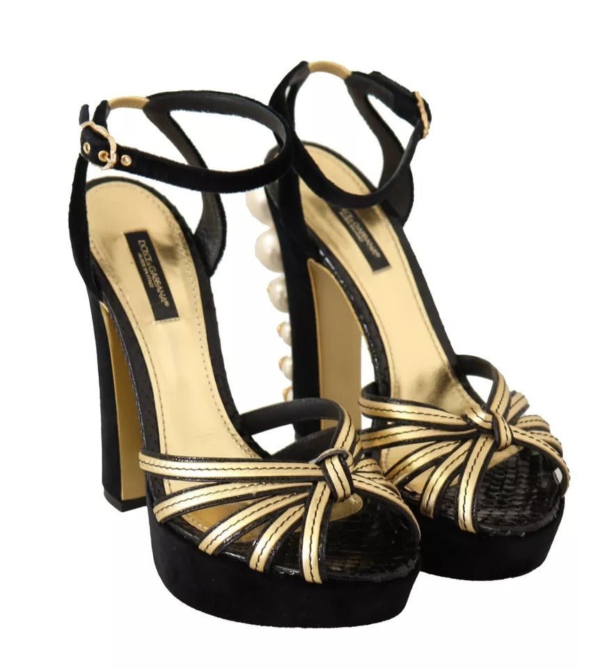 Dolce & Gabbana Black Gold Bianca Faux Pearl Sandals - SMARTMARTNZ