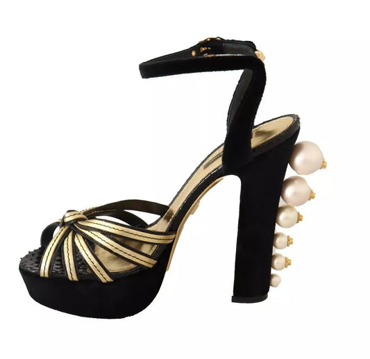 Dolce & Gabbana Black Gold Bianca Faux Pearl Sandals - SMARTMARTNZ