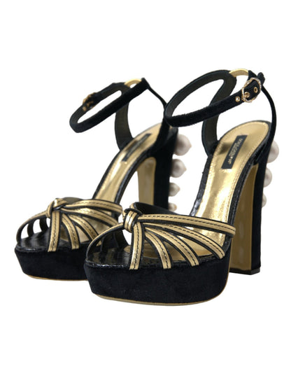 Dolce & Gabbana Black Gold Embellished Heels Sandals Shoes - SMARTMARTNZ