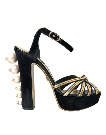 Dolce & Gabbana Black Gold Embellished Heels Sandals Shoes - SMARTMARTNZ