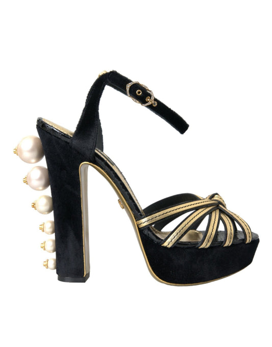 Dolce & Gabbana Black Gold Embellished Heels Sandals Shoes - SMARTMARTNZ