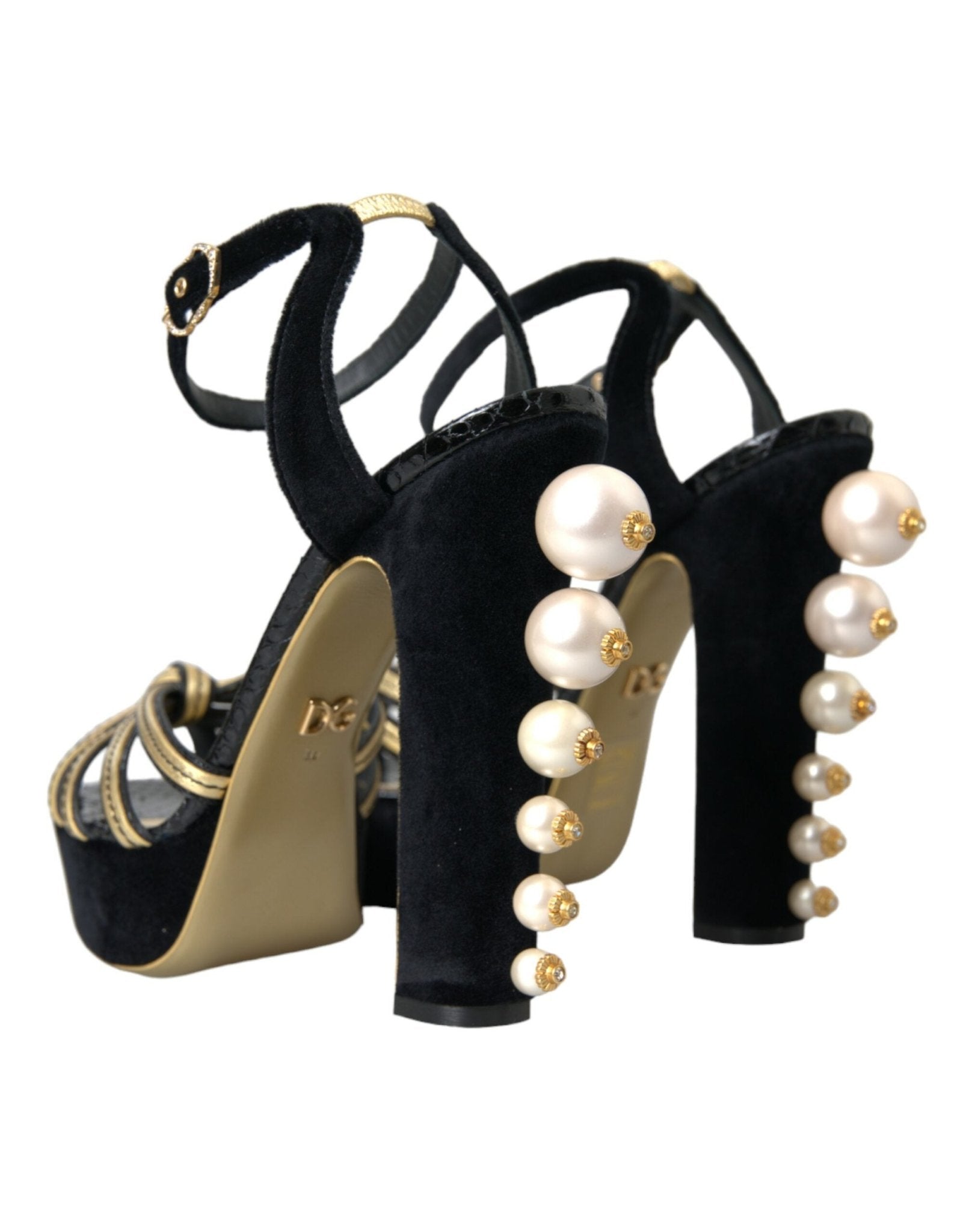 Dolce & Gabbana Black Gold Embellished Heels Sandals Shoes - SMARTMARTNZ