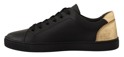 Dolce & Gabbana Black Gold Leather Low Top Sneakers Womens Shoes - SMARTMARTNZ