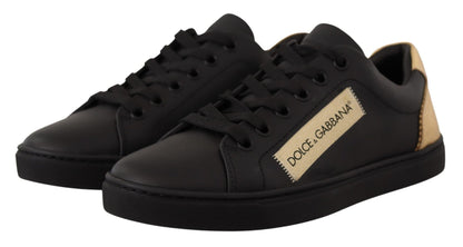 Dolce & Gabbana Black Gold Leather Low Top Sneakers Womens Shoes - SMARTMARTNZ